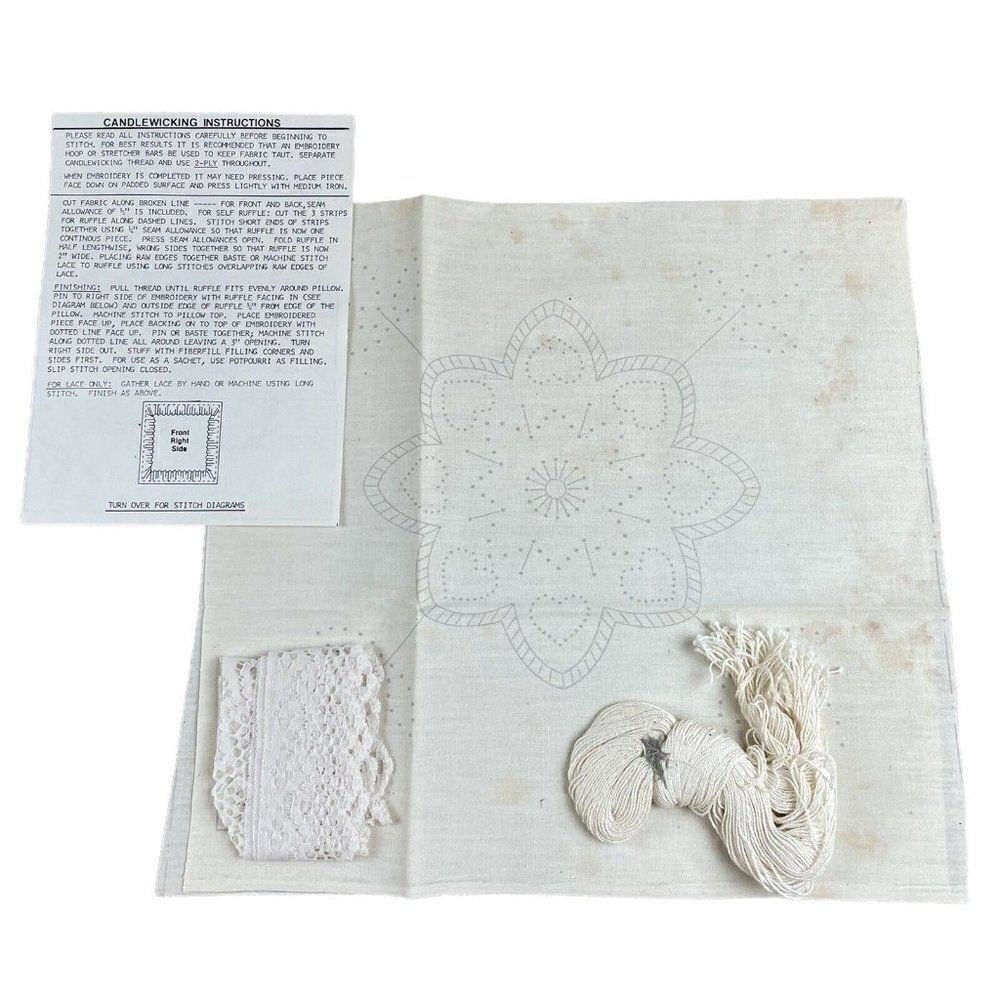 Vintage 1980s Candlewicking Pillow Kit Flowers Hearts Open Package Cottagecore
